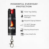 Burn Pepper Spray Keychain for Self Defense - Police Strength OC Spray - 1/2oz Black