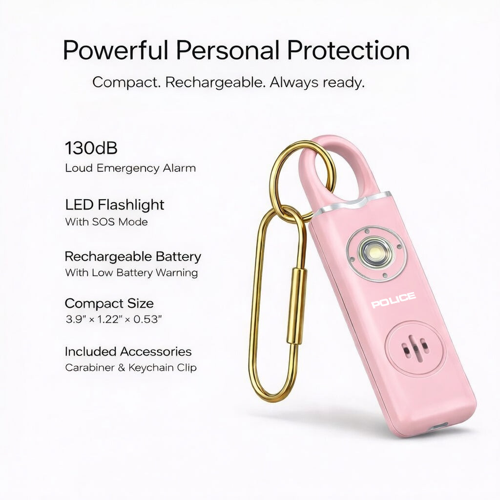 Personal Alarm - 130dB Siren, LED Flashlight, Rechargeable