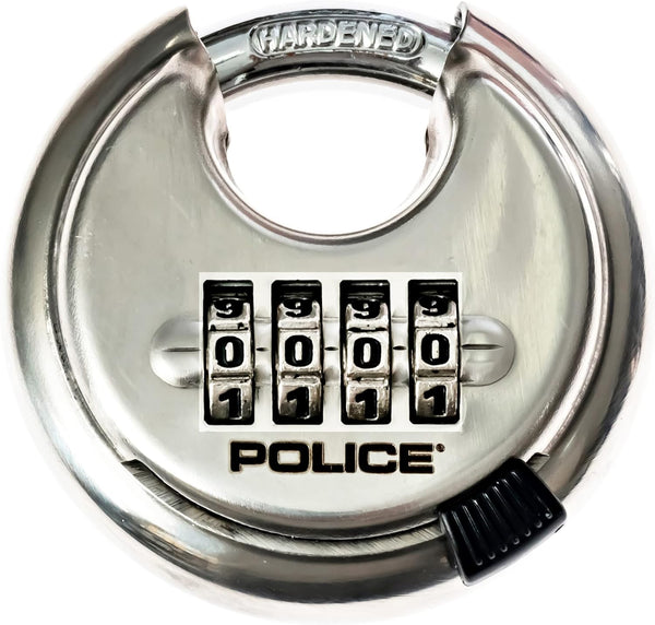 POLICE Combination Lock with Hardened Steel Shackle Heavy Duty Keyless 4 Digit Combo Disc Lock Stainless Steel Padlock