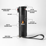 BURN 3-in-1 Max Strength Pepper Spray for Self Defense, Built in 130dB Personal Safety Alarm and LED Flashlight, USB Rechargeable Black