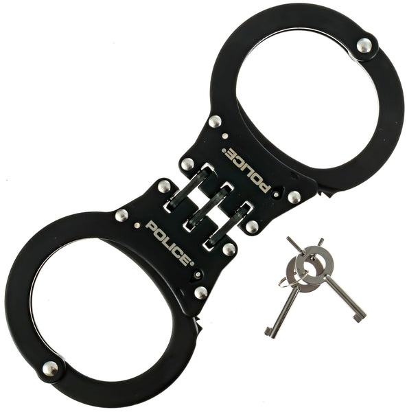 POLICE Handcuffs Double Lock Metal Professional Heavy Duty Steel Triple Hinged - Black