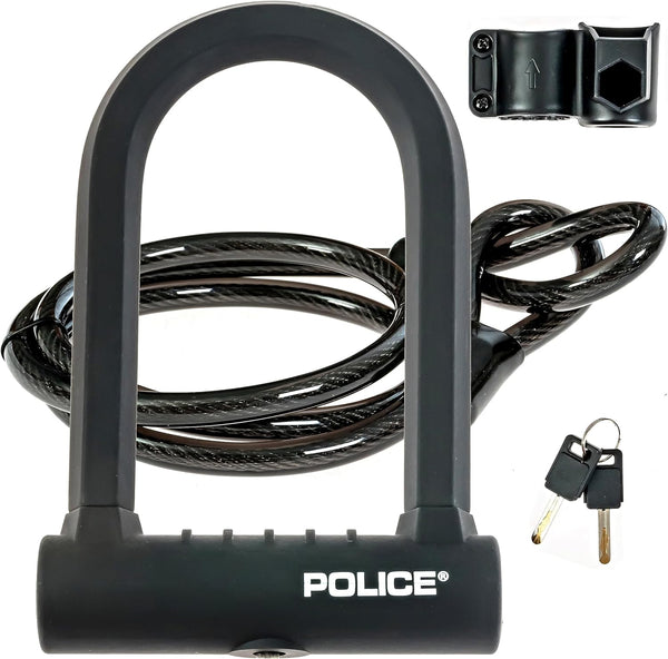 POLICE U-Lock Bike Lock with Key, U-Lock for Bicycles, Scooters, Outdoor Equipment Silicone-Coated Bike Lock with Cable Heavy Duty